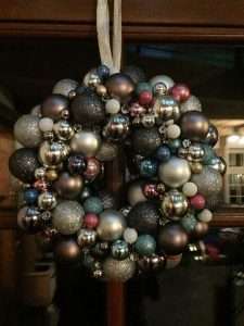 Bauble wreath with dark tones of black, pewter, chocolate, silver and burgandy
