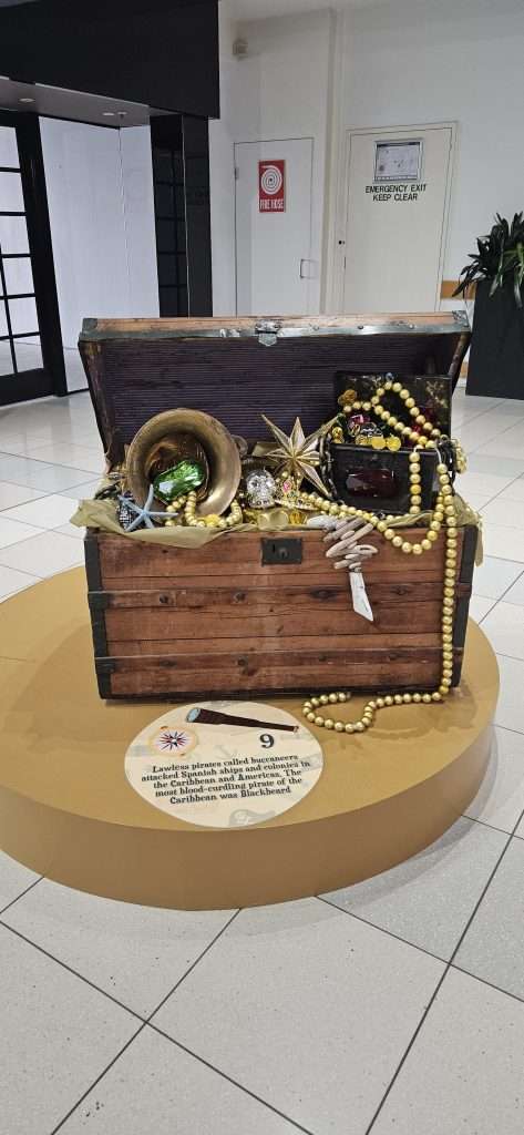 A treasure chest sits on a plinth, next to a fun-fact decal