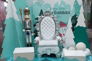 A Winter themed Santa scene with a backdrop in winter colours, featuring a white Santa throne as the central focus. Flanking the throne is a silver nutcracker on one side and two wooden trees in light blue aqua colours on the other with a white reindeer. Additionally, there are two box seats positioned in light aqua and white hues, completing the charming winter-themed setup.
