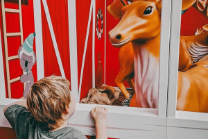 A young child peeps through a window of a barn-style display, where a life-size reindeer stands