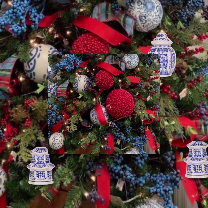 Red and Blue Christmas decorated tree with small spice jars hanging on tree.