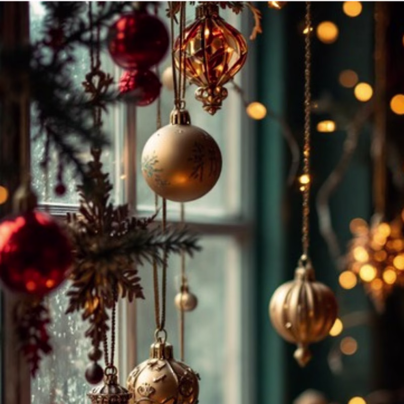 Glass Christmas ornaments hanging in front of a winter window.