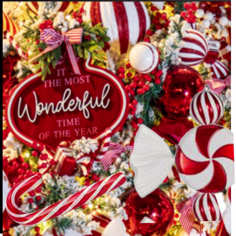 A sign saying it's the most wonderful time of the year hanging on a Christmas tree decorated in red and white candy stripe.