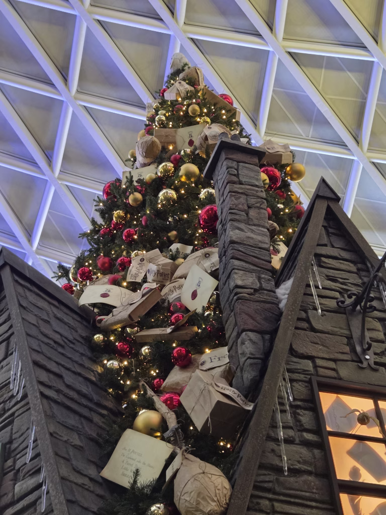 31ft Owl mail Christmast tree theme from Harry Potter movies. Standing in Kings Cross station main casueway