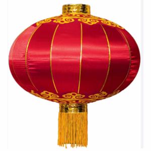Large commercial Lunar lanterns in red and gold cloud motifs and decorative tassels.