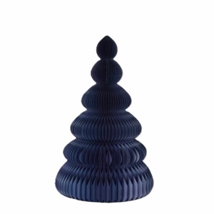 A navy blue honeycomb paper Christmas tree, featuring six tiered accordion-fold layers,