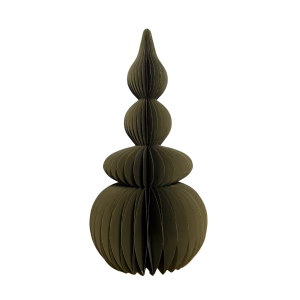 A 4-tier decorative honeycomb paper tabletop in olive green colour, shaped with a pointed finial at the top, spherical tiers in the middle, and a large rounded base.