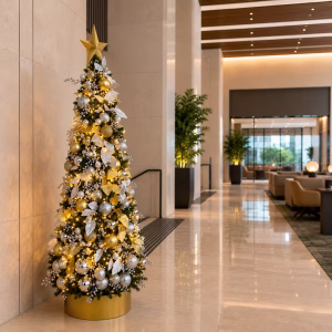 A pre-decorated commercial Christmas tree installation inside a building. Showcasing a green cone tree placed on top of a gold base filled with gold and silver baubles and a thin golden star.