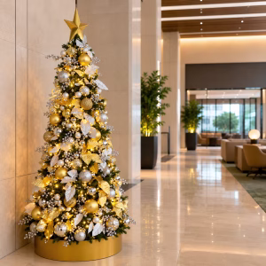 High slim cone Christmas tree filled with gold and silver baubles, metallic leaves, silver berry picks, and topped with a gold star as part of a commercial Christmas tree design.