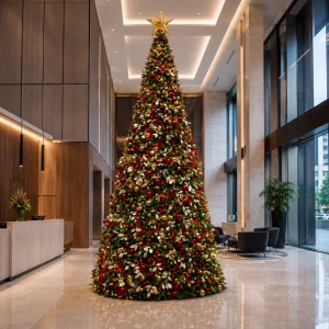 A wide steel tree installed by commercial Christmas tree decorators, featuring red, green, and gold baubles, white leaves, red berry picks, and a lit gold star topper.