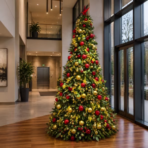 A wide cone Christmas tree adorned with red and gold accents, lush green foliage, yellow wattle picks, and a red star topper, creating a festive décor display inside a high-ceiling lobby.