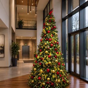 Commercial Christmas tree installation inside a hotel lobby, covered with red and gold baubles, green leaves, yellow wattle picks, and a red star topper.