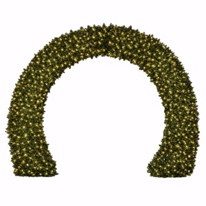 Green walkthrough Christmas arch adorned with fairy lights, installed as an illuminated feature for Christmas scene design.