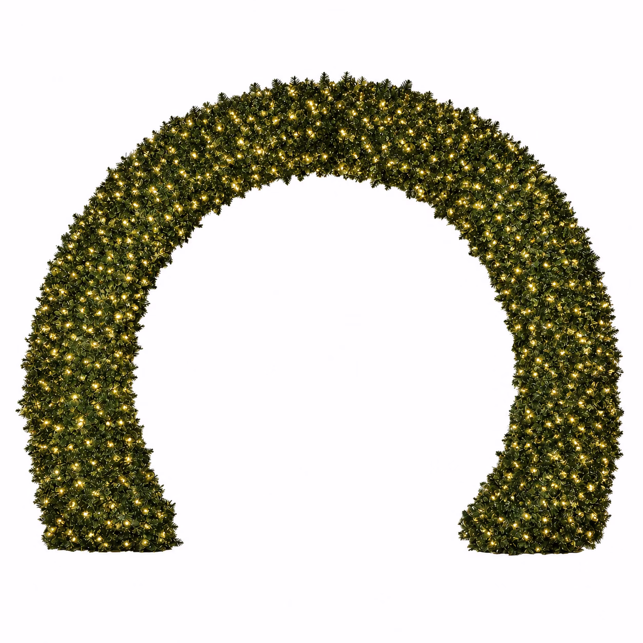 Green walkthrough Christmas arch adorned with fairy lights, installed as an illuminated feature for Christmas scene design.