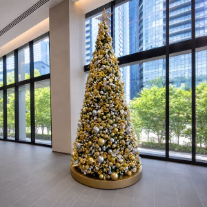 Giant corporate Christmas tree decoration on a gold base, covered with metallic gold and silver ornaments and finished with a star topper.