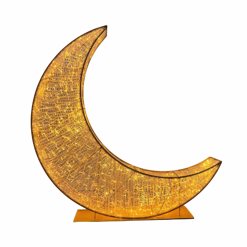 A free-standing crescent moon decoration made of PVC mesh and lit with warm gold LED lights, used in custom Christmas installations.