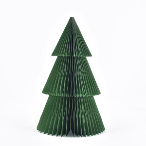 A 3- tier traditional paper Christmas tree table topper in green finish.