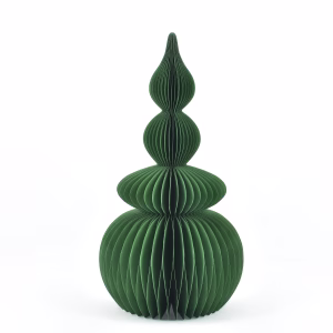 A 4-tier decorative honeycomb paper tabletop in green colour, shaped with a pointed finial at the top, spherical tiers in the middle, and a large rounded base.