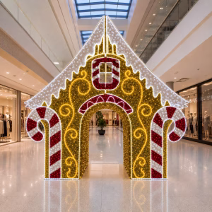 An oversized illuminated gingerbread house installed as an LED Christmas display inside a shopping centre.