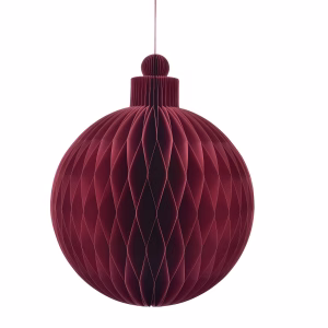 Honeycomb paper Christmas bauble in deep red hanging by string