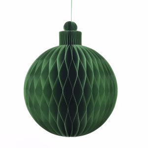 Honeycomb paper Christmas bauble in dark green hanging on green string