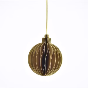 Honeycomb paper Christmas Bauble in matt gold hanging by string