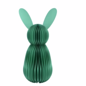 A large honeycomb paper rabbit in blue , with cardboard ears standing straight up