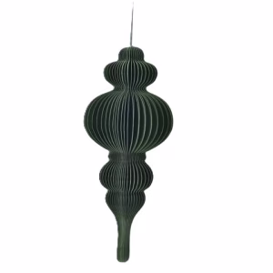 A honeycomb paper christmas finial decoration in dark green.