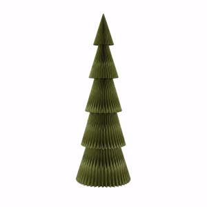 5-tier narrow honeycomb paper Christmas tree decoration in olive green finish on a white background