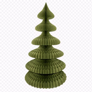 A honeycomb paper Christmas tree ring table topper in olive green finish on a transparent background.