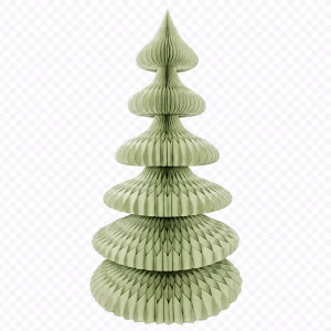 A 6 tier honeycomb paper Christmas tree table topper in light green finish on a transparent background