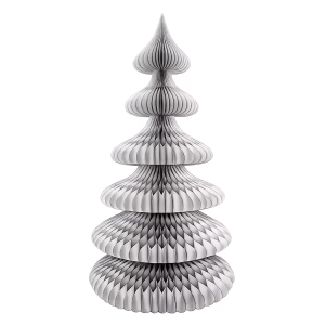 A 6-tier honeycomb paper Christmas tree ring table topper in silver finish on a transparent background.