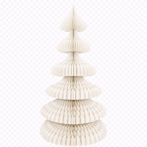 A 6-tier honeycomb paper Christmas tree ring table topper in a white finish on a transparent background.