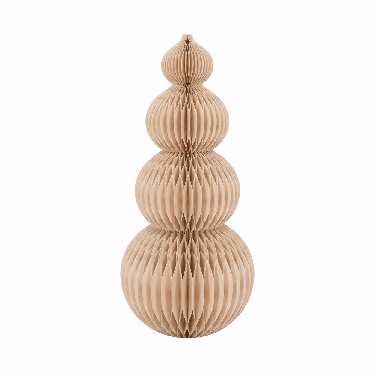 4-tier honeycomb paper Christmas decoration featuring four stacked spheres in a snowman-inspired design with a fawn finish.