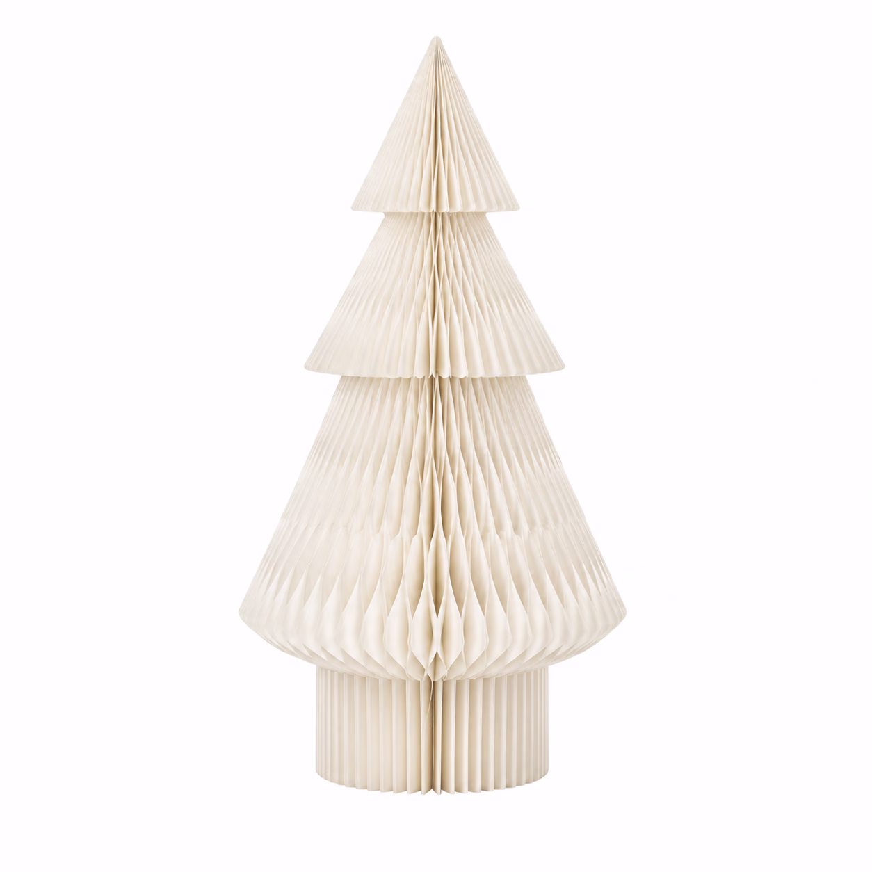 Off white paper honeycomb Christmas tree design featuring a 3-tier accordion-fold structure, a pointed top, and a cylindrical base.