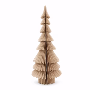 8-tier honeycomb decorative paper Christmas tree in light brown finish, with accordion-folded layers and a cylindrical base on a white background.