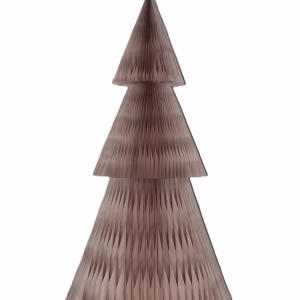 A 3- tier traditional honeycomb paper Christmas tree display in beige finish.
