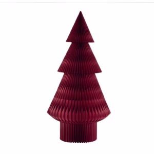 Red paper honeycomb Christmas tree design featuring a 3-tier accordion-fold structure, a pointed top, and a cylindrical base.