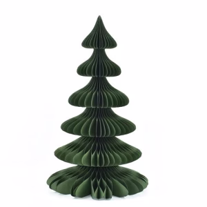 A 6 tier honeycomb paper Christmas tree table topper in dark green finish