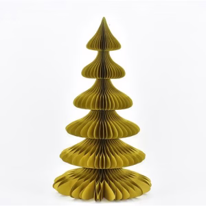 A 6 tier honeycomb paper Christmas tree table topper in golden finish.