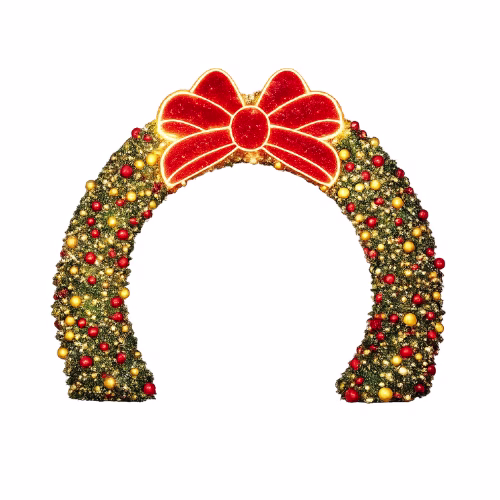 Green walkthrough Christmas arch adorned with warm fairy lights, red and gold baubles, and a giant bow, installed as an illuminated feature for a festive Christmas scene.