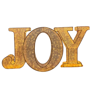 A free-standing "JOY" sign made of PVC mesh and lit with warm gold LED lights, used in custom Christmas installations.
