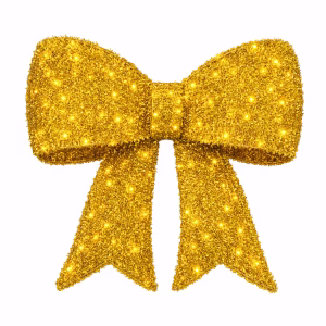 Large illuminated gold bow made out of tinsel used for a custom Christmas display in shopping centres, hotels, and community places.