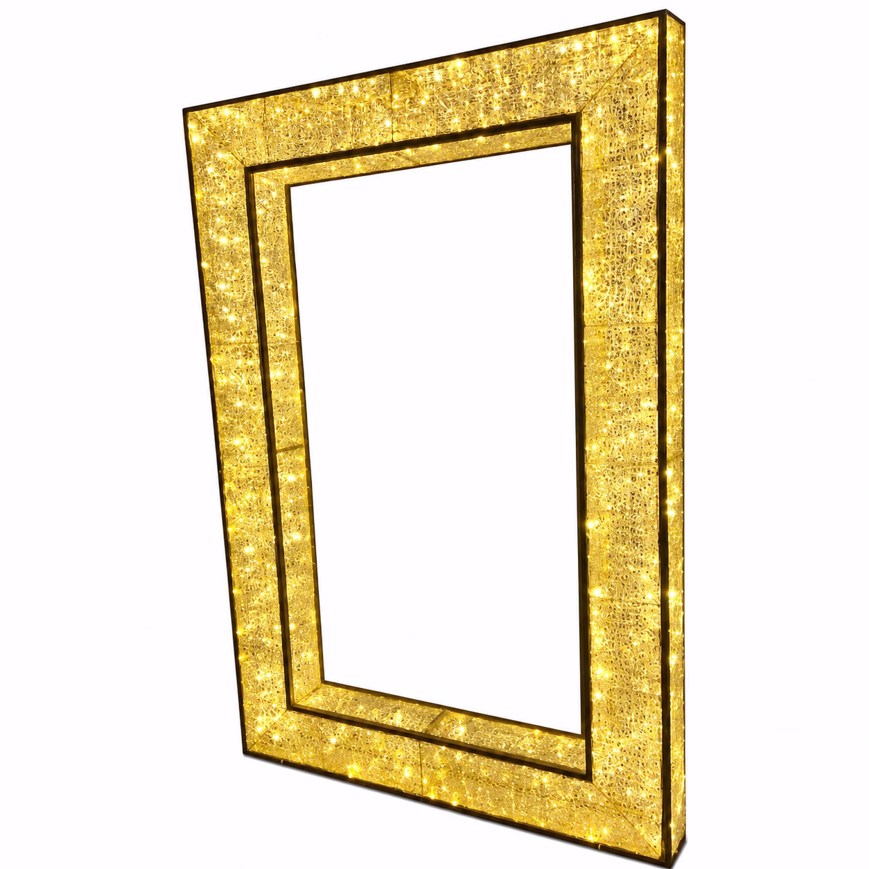 A free-standing giant picture frame made of PVC mesh and lit with warm gold LED lights, used in custom Christmas installations.