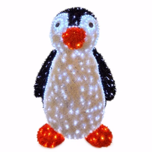An illuminated penguin wrapped in white LED lights featured as part of a festive decor design for holiday displays.