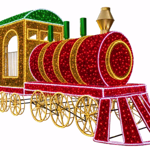 Brightly lit festive train with a red front, gold carriage, and green roof, crafted as an LED Christmas design for commercial and corporate holiday displays.