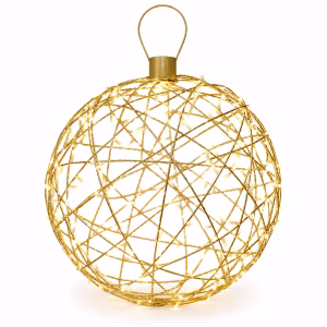 A gold LED wire lattice sphere with radiating bulb tips, perfect for custom Christmas decorations.
