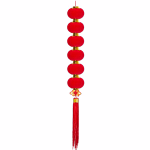 Six red Chinese paper lanterns stacked vertically on a string with gold connecting rings and a decorative red Chinese knot tassel at the bottom, traditional Lunar New Year festive hanging decoration
