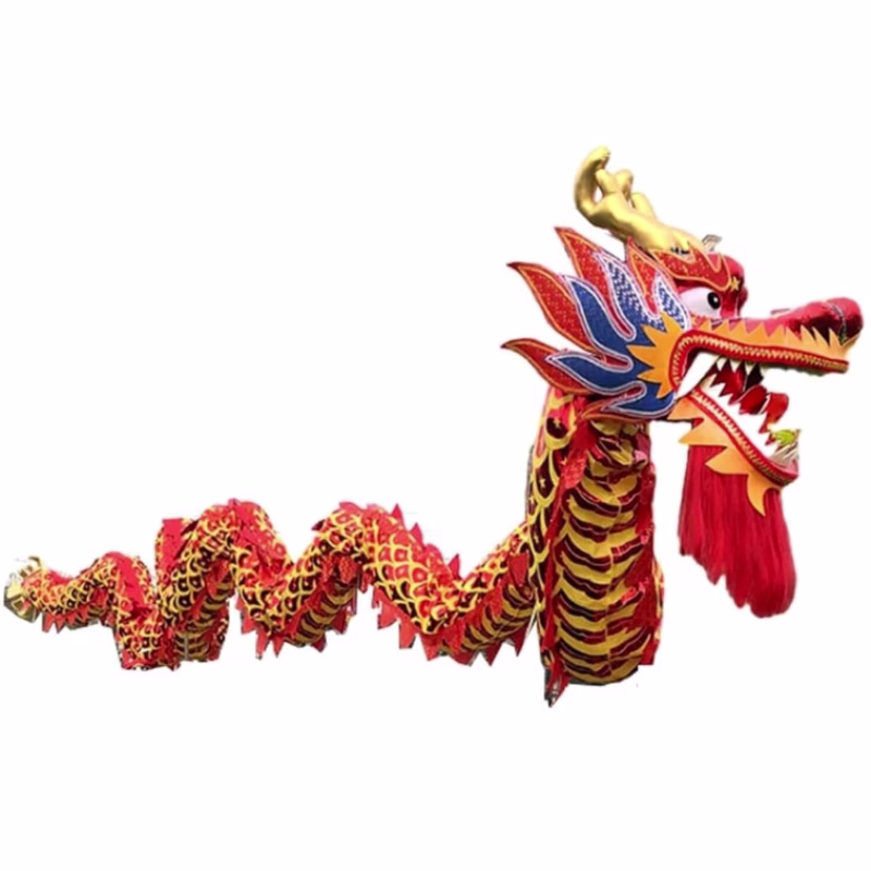 Traditional Chinese dragon dance costume in vibrant red and gold colors, featuring a long segmented serpentine body used in Lunar New Year displays and celebrations.
