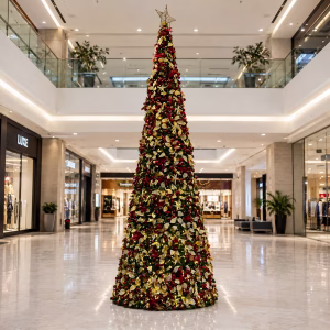 A shopping centre Christmas tree display in a green cone design, featuring gold leaves, red berry picks, fairy lights, and a gold mesh star topper.